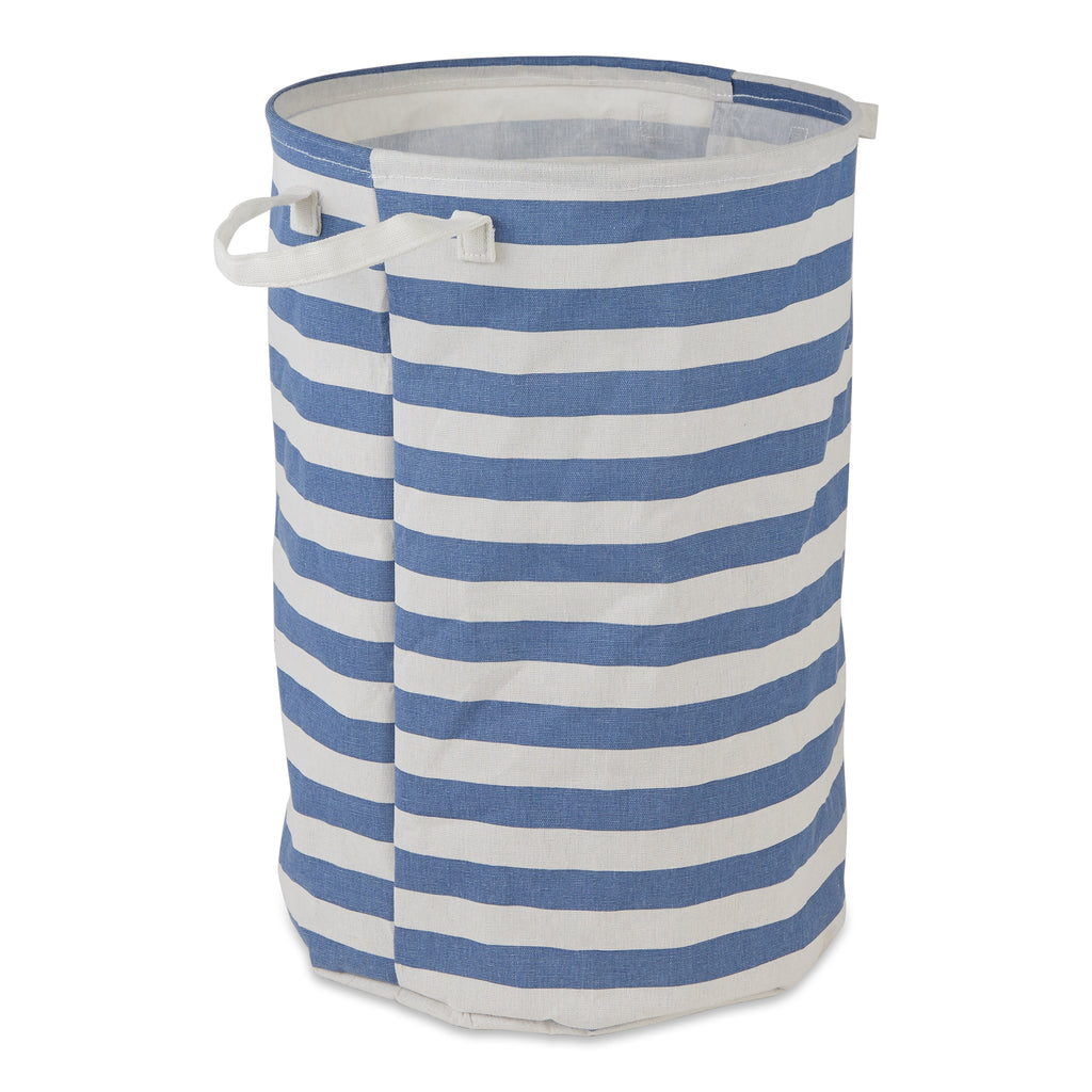 PE Coated Cotton/Poly Laundry Hamper Stripe French Blue Round 13.75X13.75X20