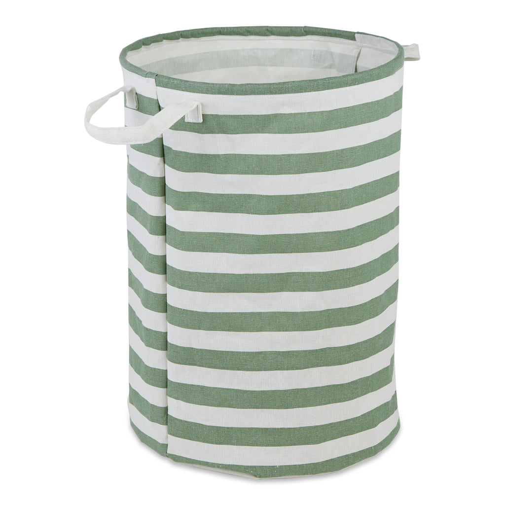 PE Coated Cotton/Poly Laundry Hamper Stripe Artichoke Green Round 13.75X13.75X20