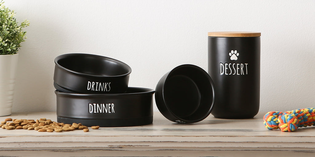 Pet Bowl Dinner And Drinks Black Small 4.25Dx2H Set of 2