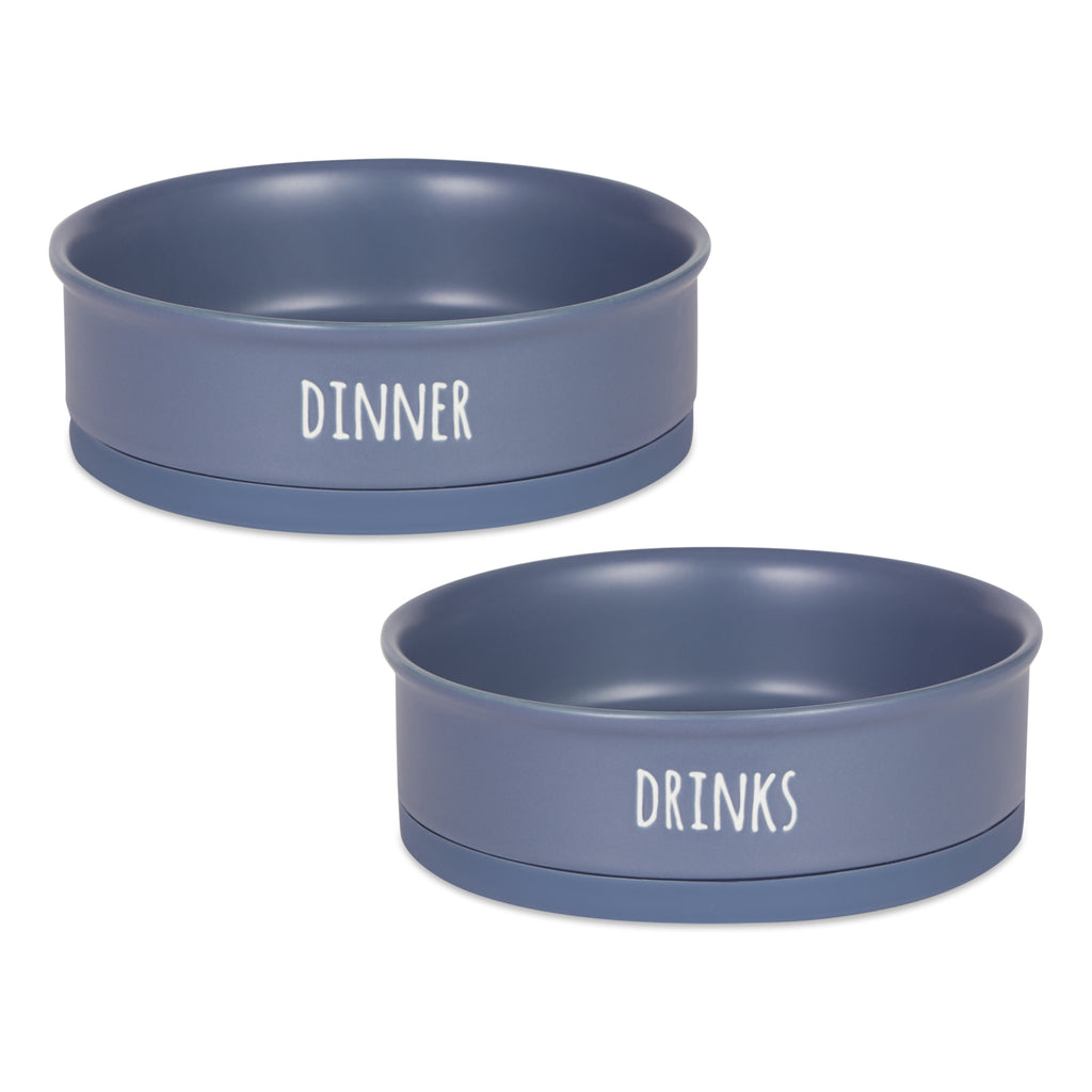 Pet Bowl Dinner And Drinks French Blue Large 7.5Dx2.4H Set of 2