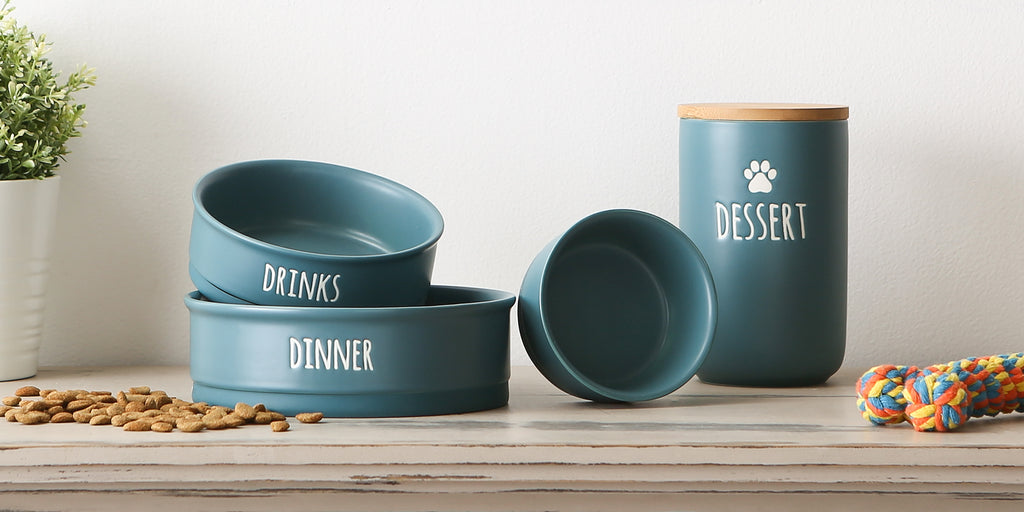 Pet Bowl Dinner And Drinks Teal Small 4.25Dx2H Set of 2