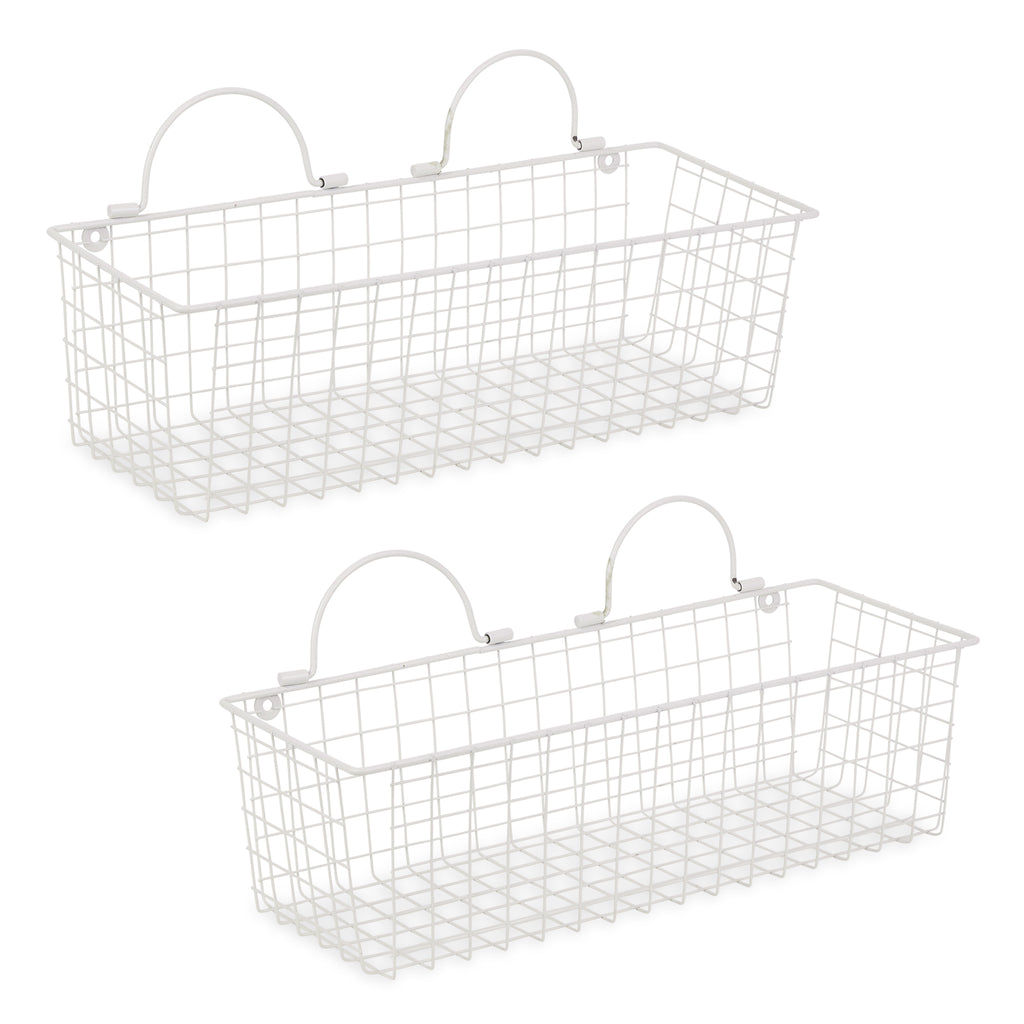 Medium Antique White Wire Wall Basket Set of 2