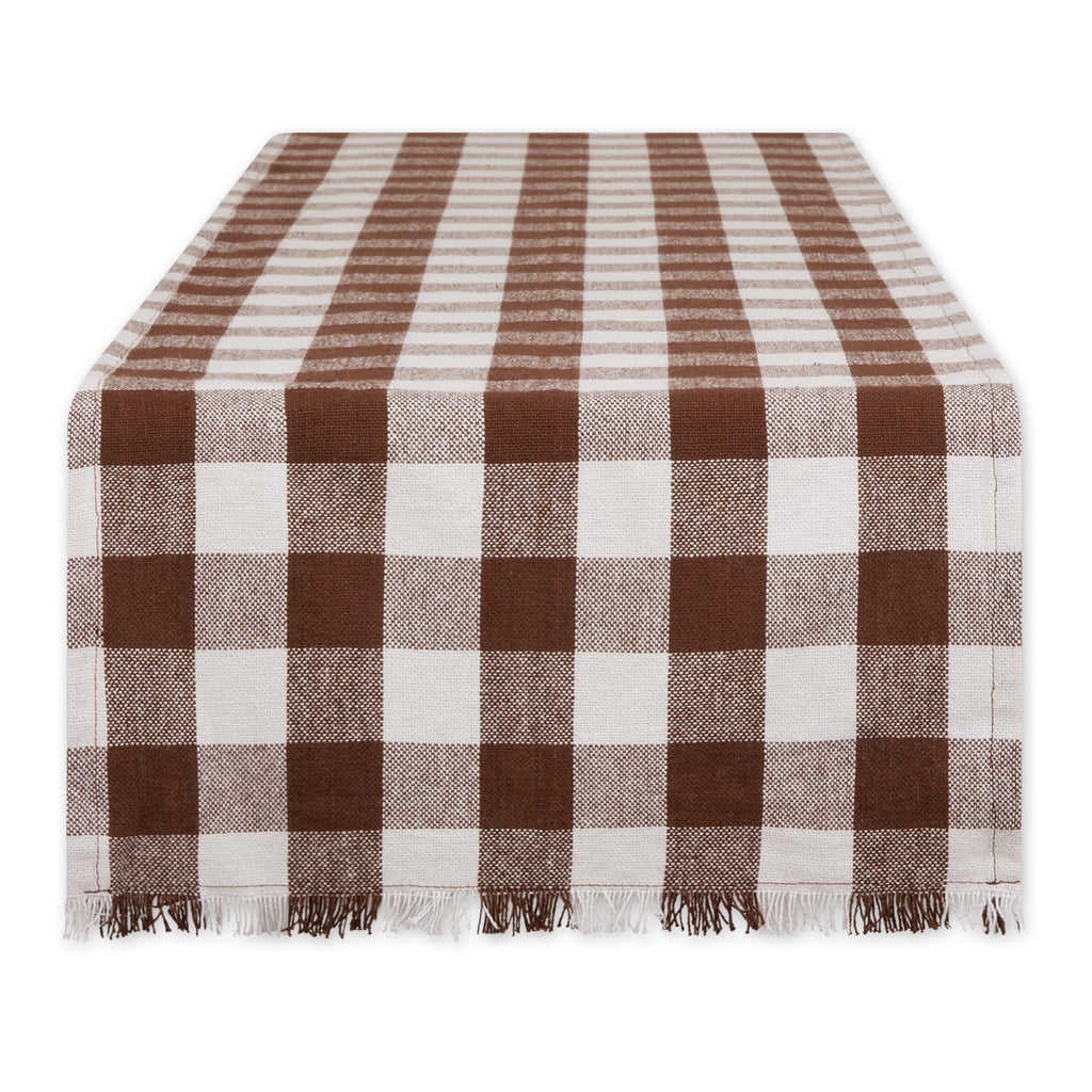 Bark Brown Heavyweight Check Fringed Table Runner 14x108