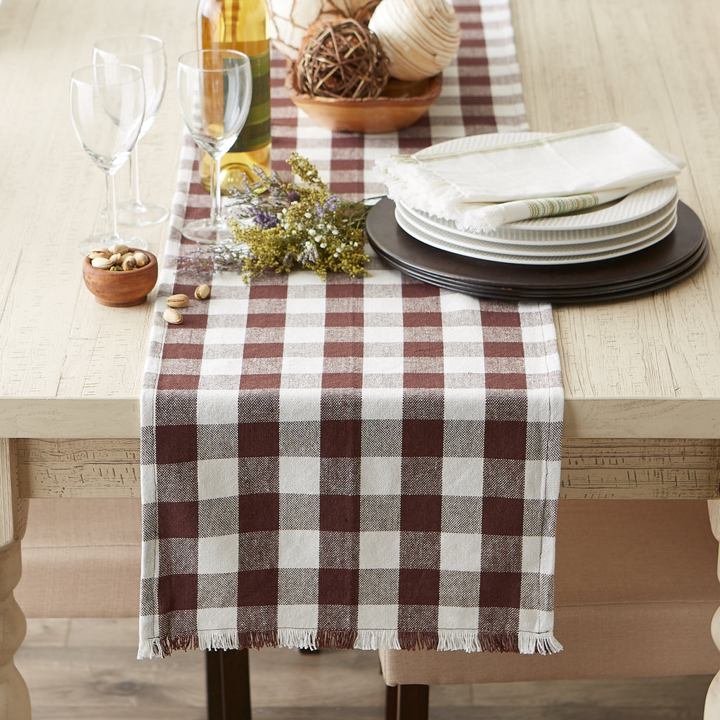 Bark Brown Heavyweight Check Fringed Table Runner 14x108