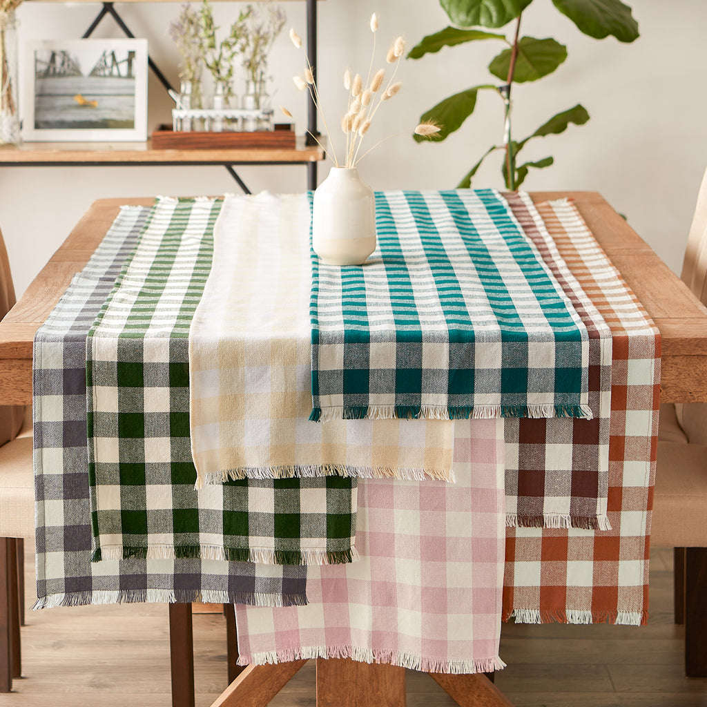 Bark Brown Heavyweight Check Fringed Table Runner 14x108