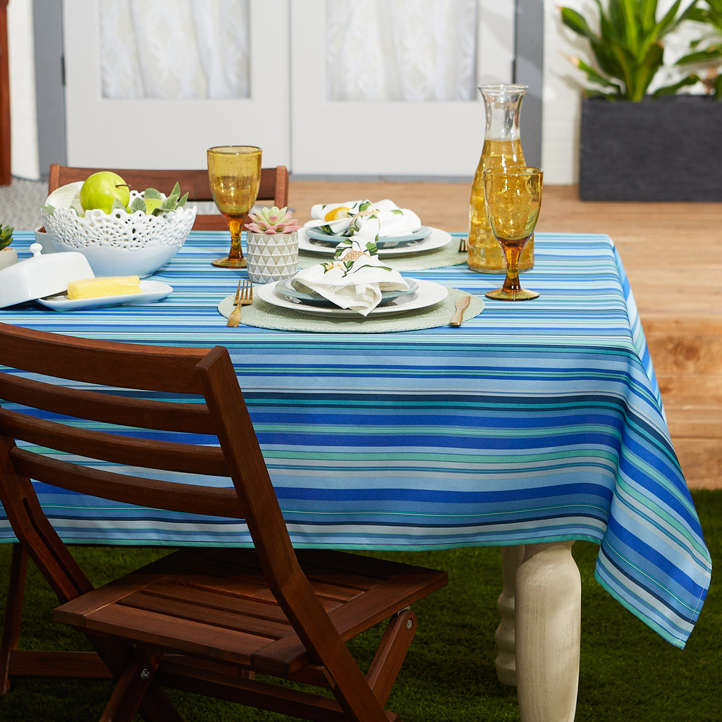 Blue Ocean Stripe Print Outdoor Tablecloth With Zipper 60 Round