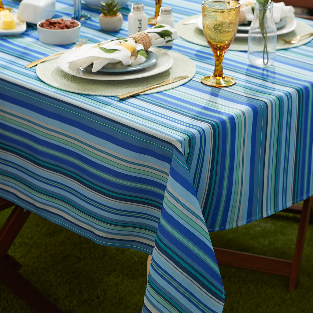 Blue Ocean Stripe Print Outdoor Tablecloth With Zipper 60 Round