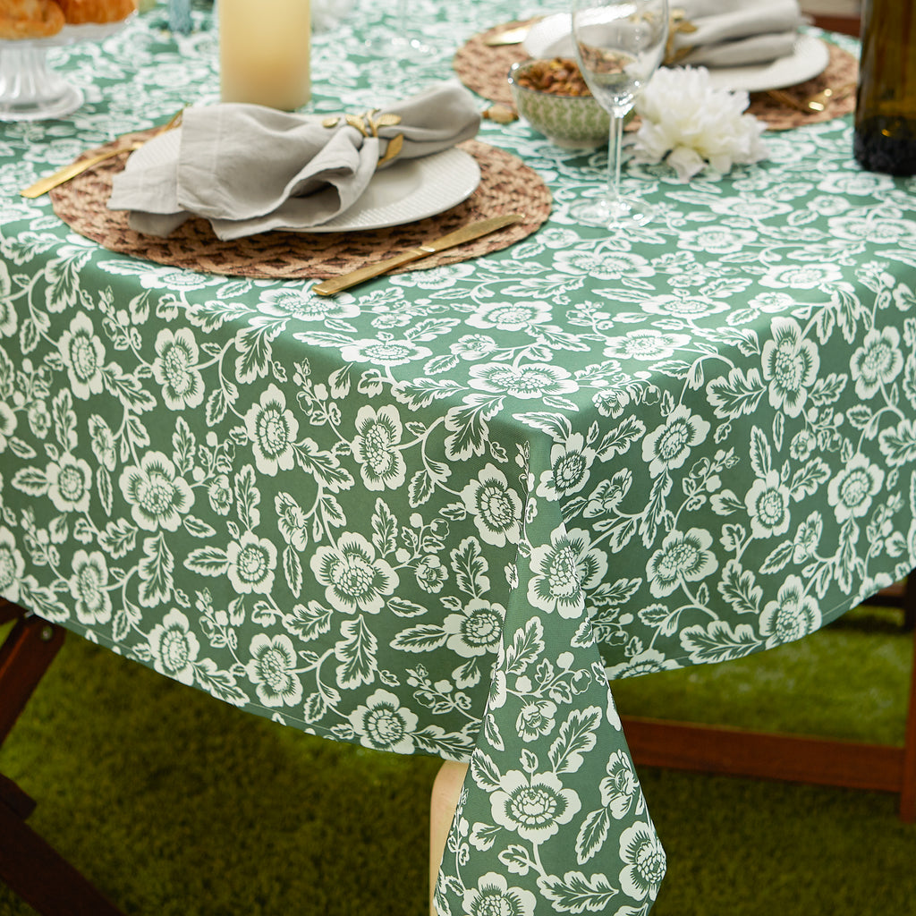 Artichoke Green Floral Print Outdoor Tablecloth 60 Round