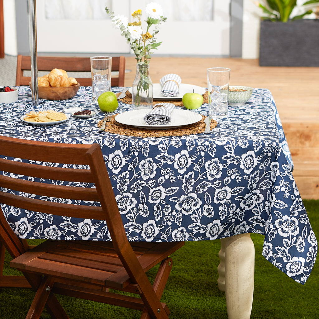 Nautical Blue  Floral Print Outdoor Tablecloth With Zipper 60 Round