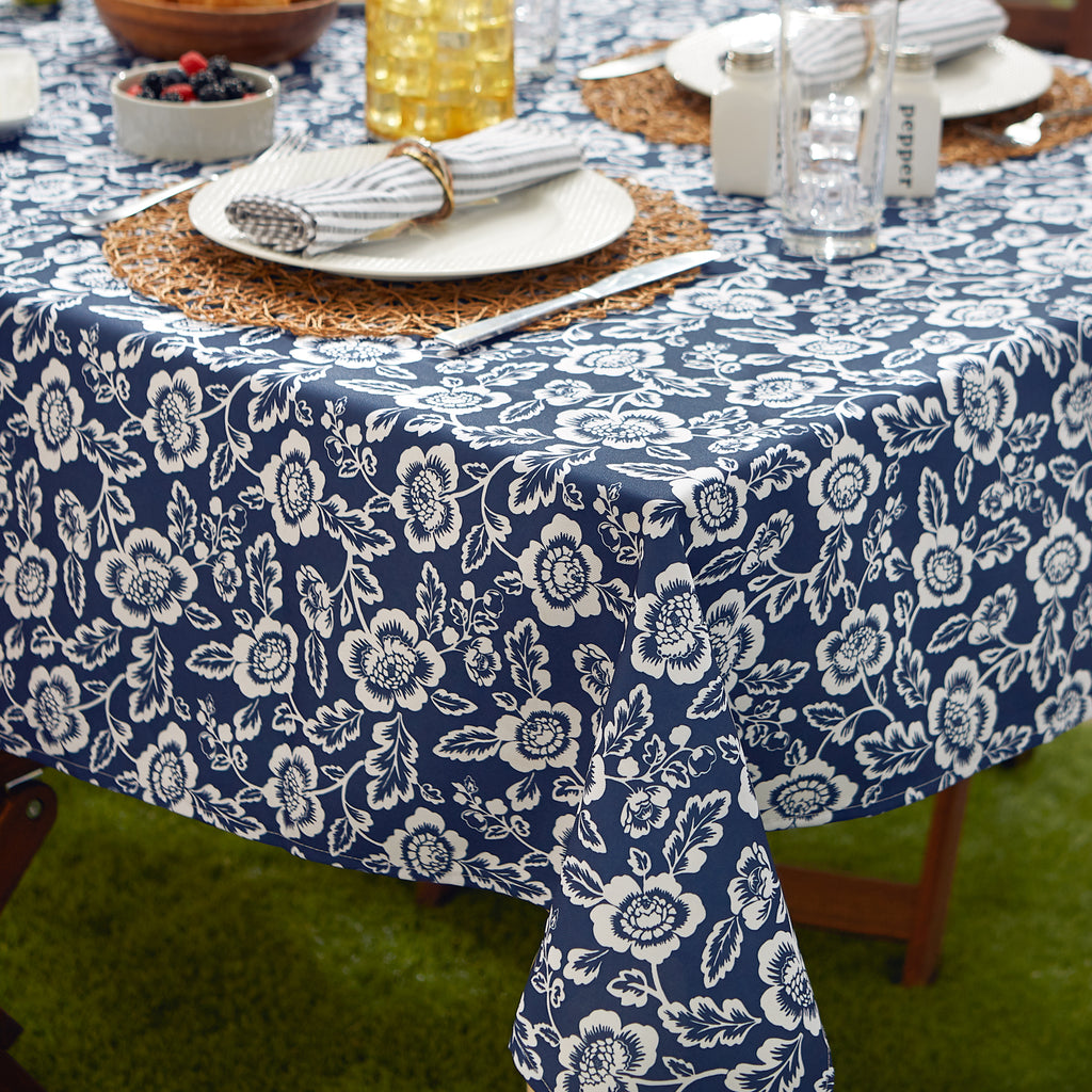 Nautical Blue  Floral Print Outdoor Tablecloth With Zipper 60 Round