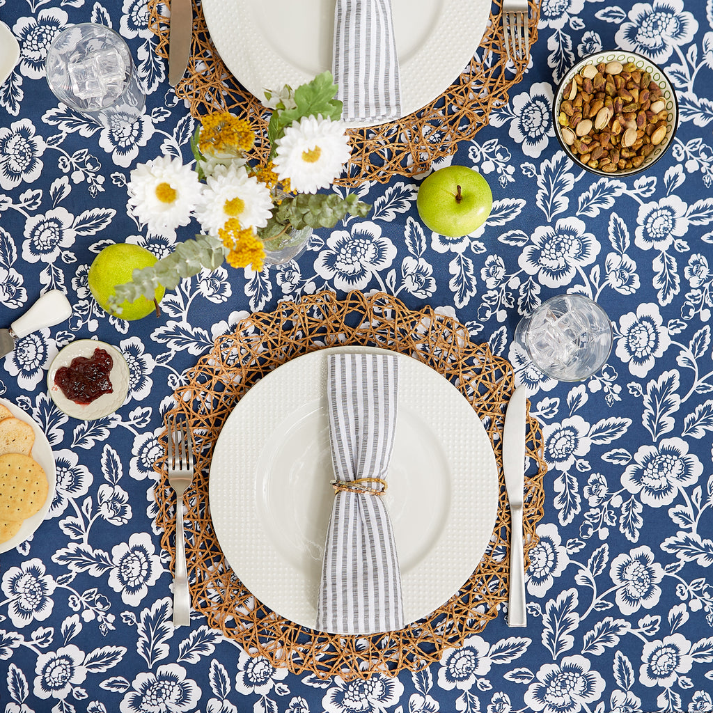 Nautical Blue  Floral Print Outdoor Tablecloth 60 Round