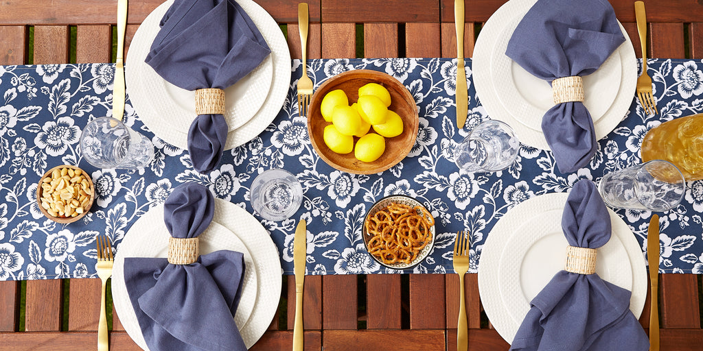 Nautical Blue Floral Print Outdoor Table Runner 14x72