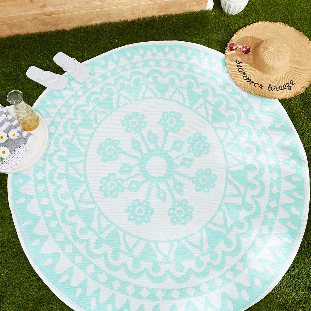 Aqua Floral Outdoor Rug 5 Ft Round