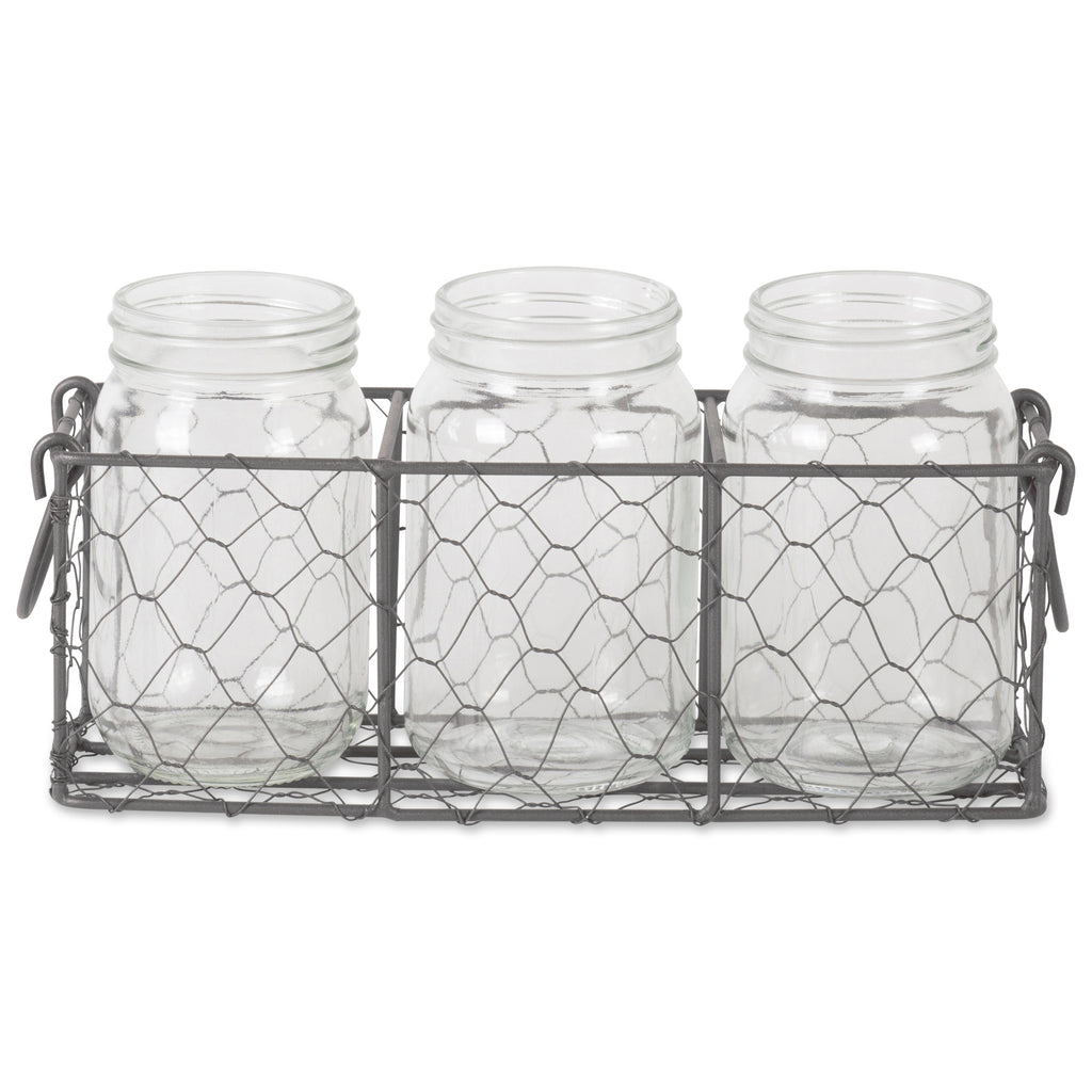 DII Vintage Grey Chickenwire Flatware Caddy With Clear Jars