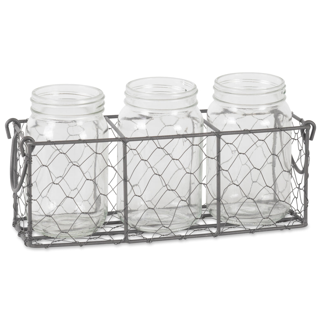 Vintage Grey Chickenwire Flatware Caddy With Clear Jars