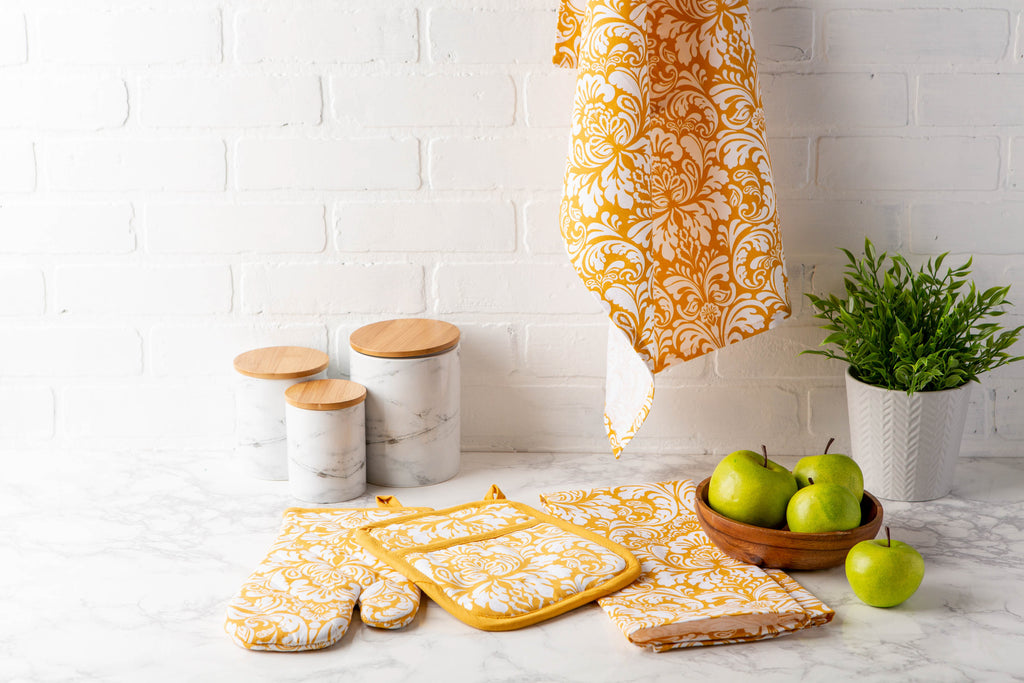 DII Mustard Damask Dishtowel Set of 2