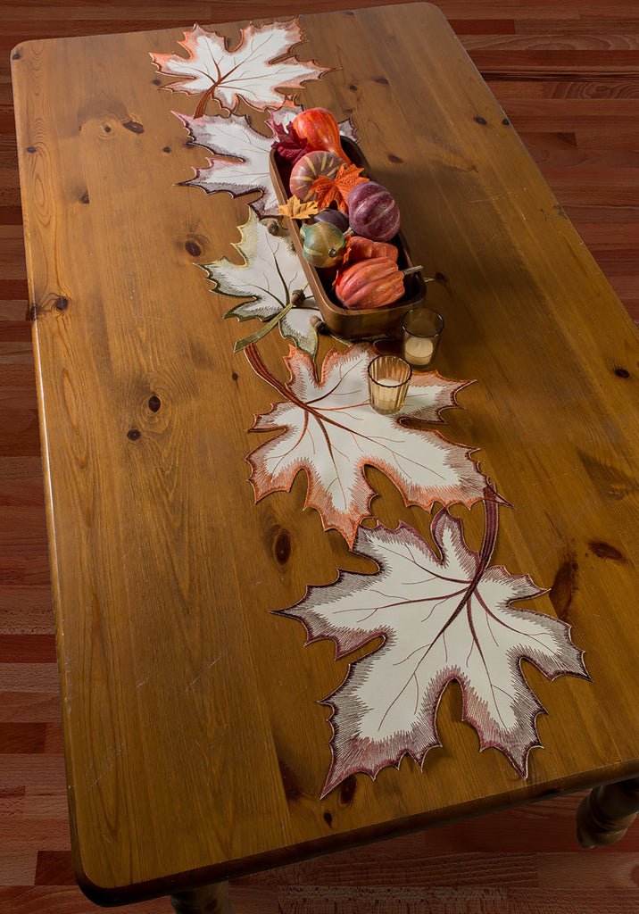 Embroidered Maple Leaves Table Runner, 14x60"