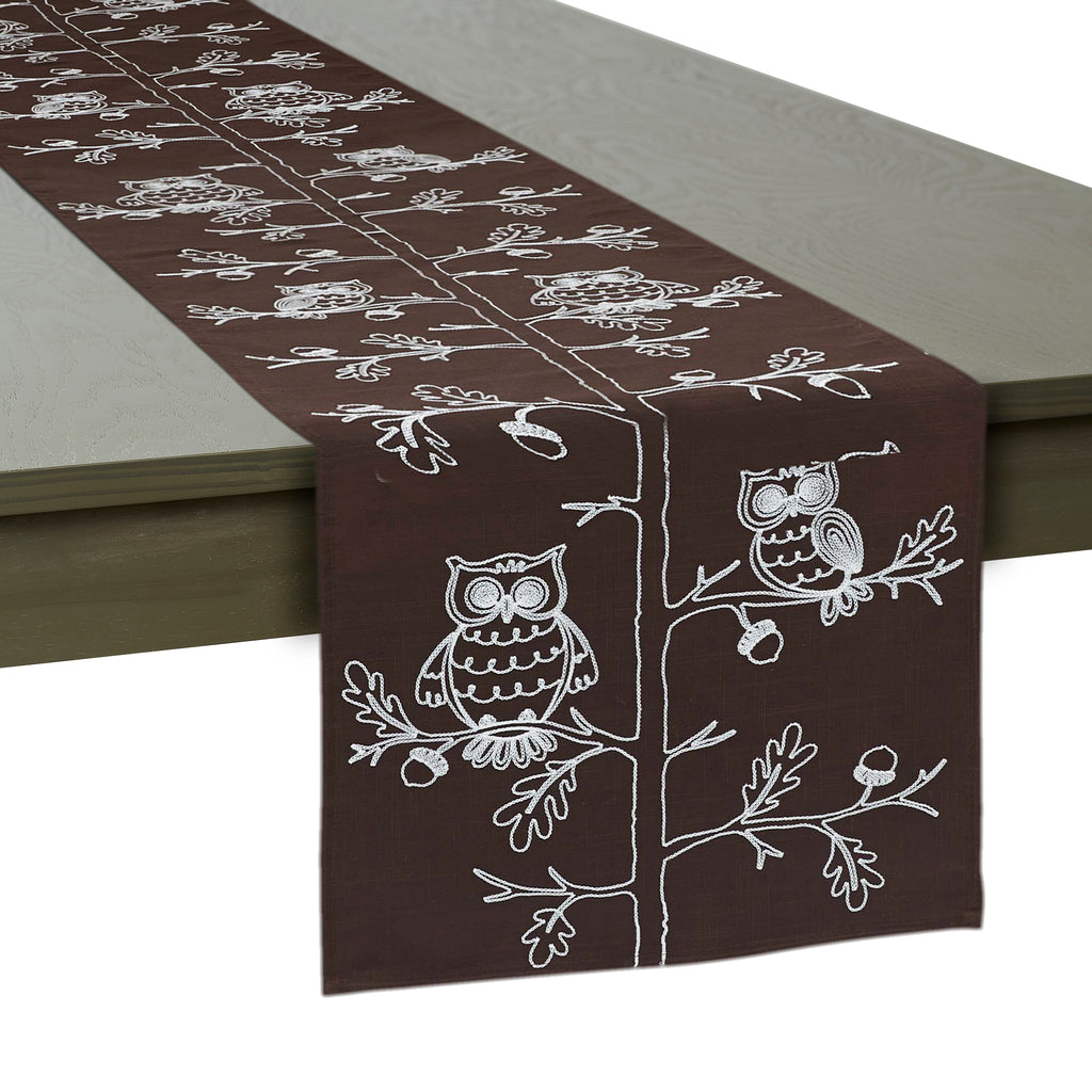 Table Runner Embroidered Owls, 14x70"