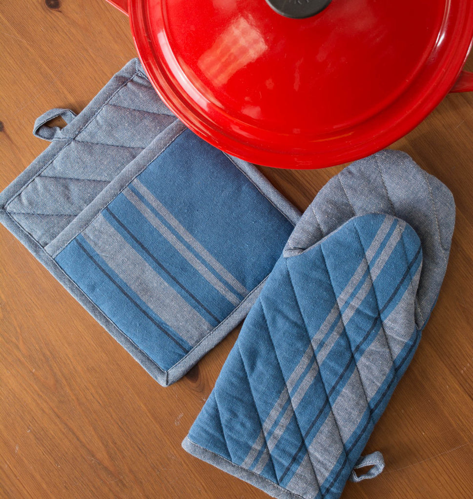 DII Blue Chambray French Stripe Oven Mitt Set of 2