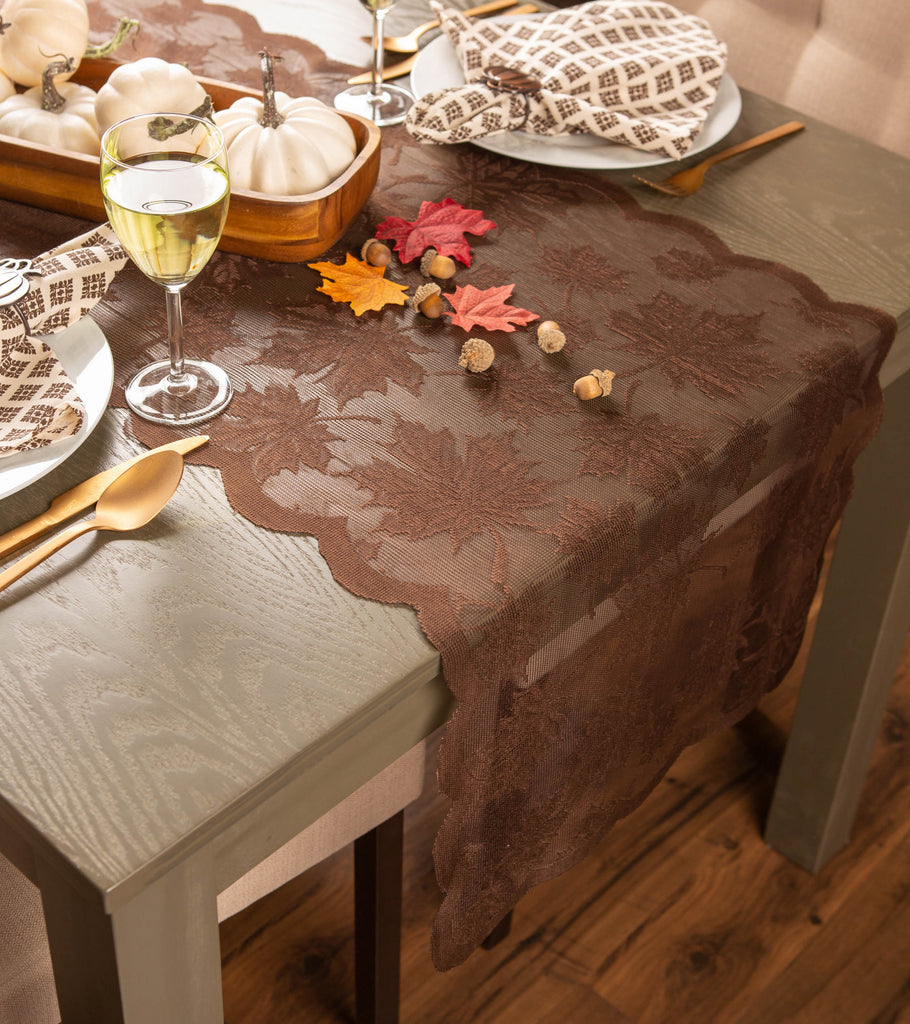 DII Brown Maple Leaf Lace Table Runner, 18x72"