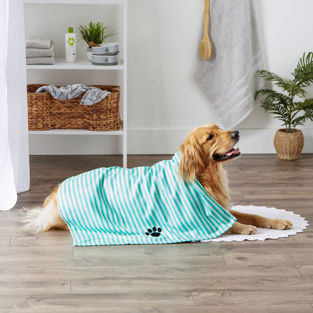 Aqua Stripe Embroidered Paw Pet Towel