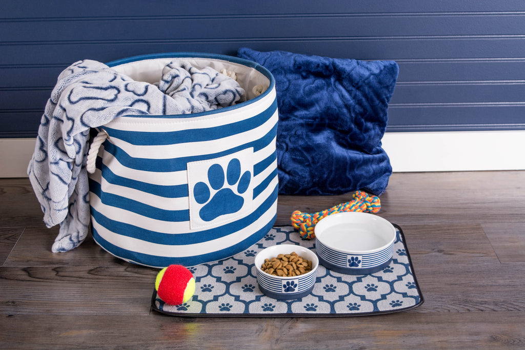 DII Polyester Pet Bin Stripe With Paw Patch Navy Round Small