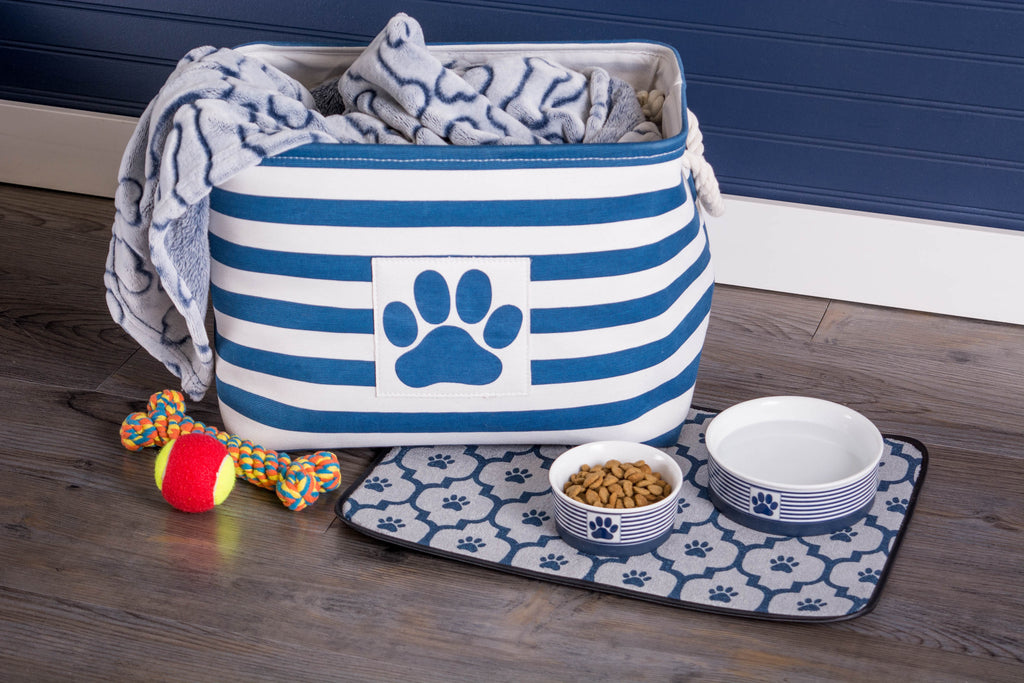 DII Polyester Pet Bin Stripe With Paw Patch Navy Rectangle Small