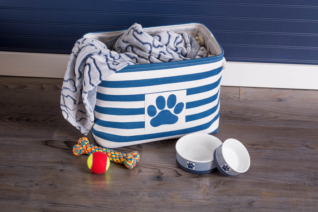 DII Polyester Pet Bin Stripe With Paw Patch Navy Rectangle Medium