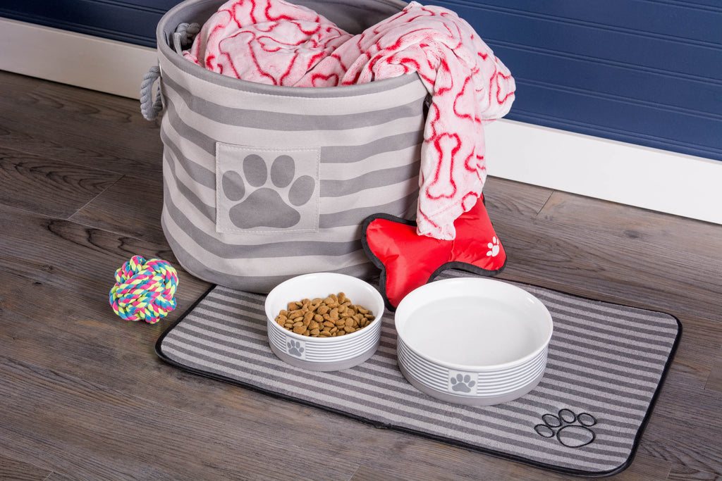 DII Polyester Pet Bin Stripe With Paw Patch Gray Round Large