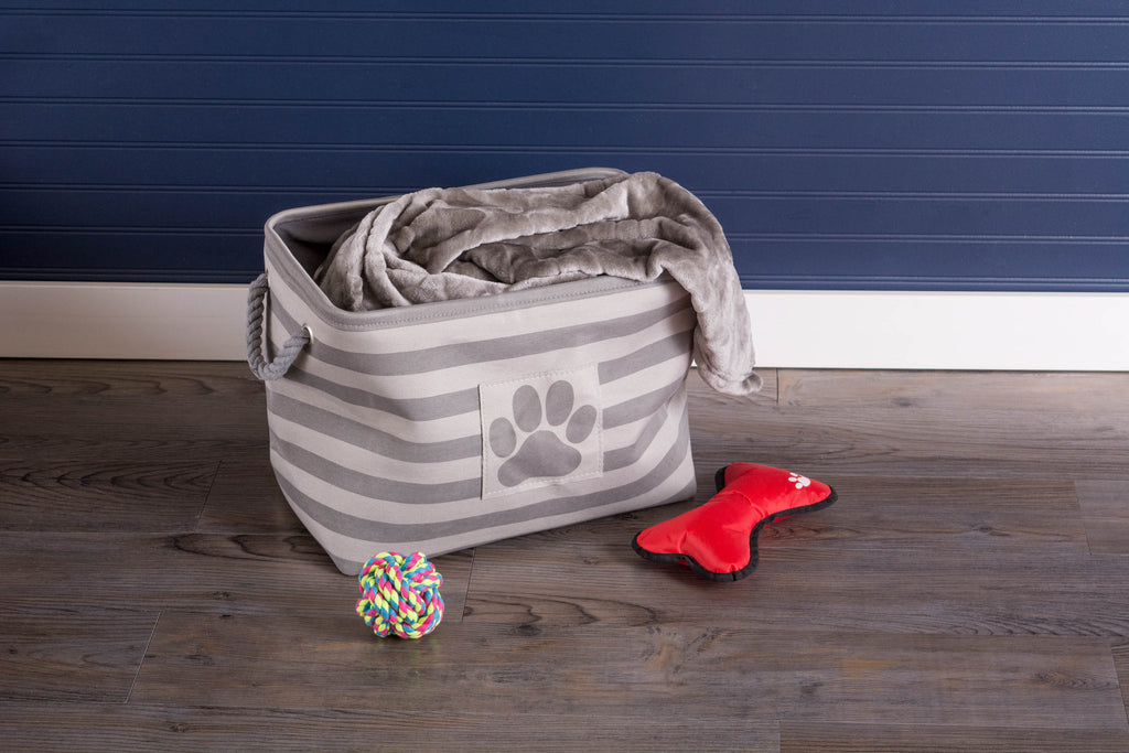 DII Polyester Pet Bin Stripe With Paw Patch Gray Rectangle Small