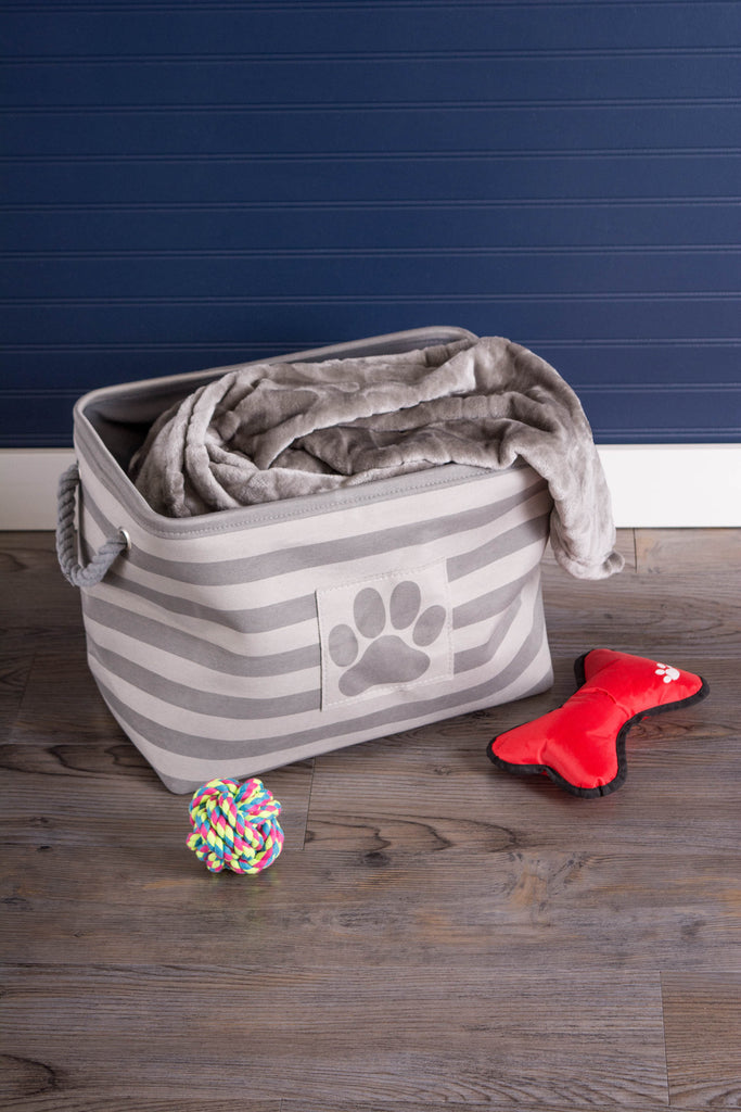 DII Polyester Pet Bin Stripe With Paw Patch Gray Rectangle Small