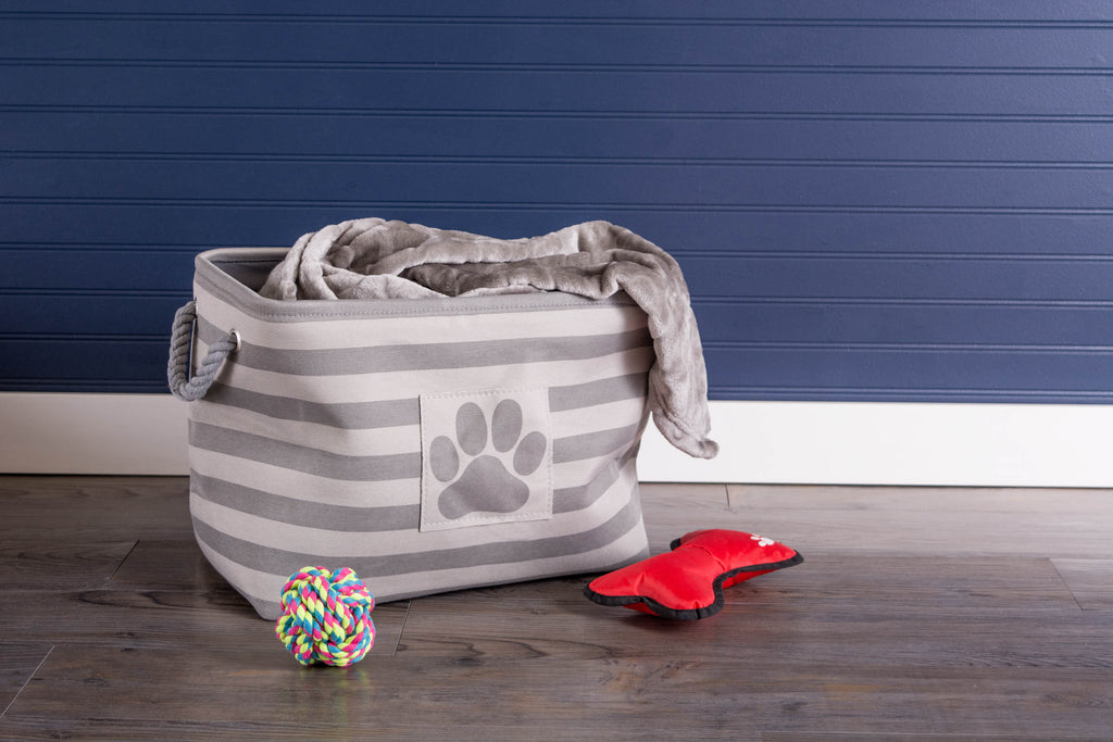 DII Polyester Pet Bin Stripe With Paw Patch Gray Rectangle Small