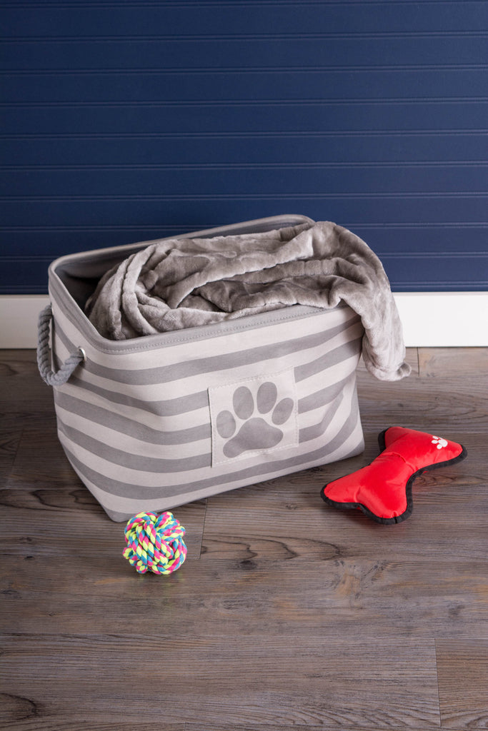 DII Polyester Pet Bin Stripe With Paw Patch Gray Rectangle Medium