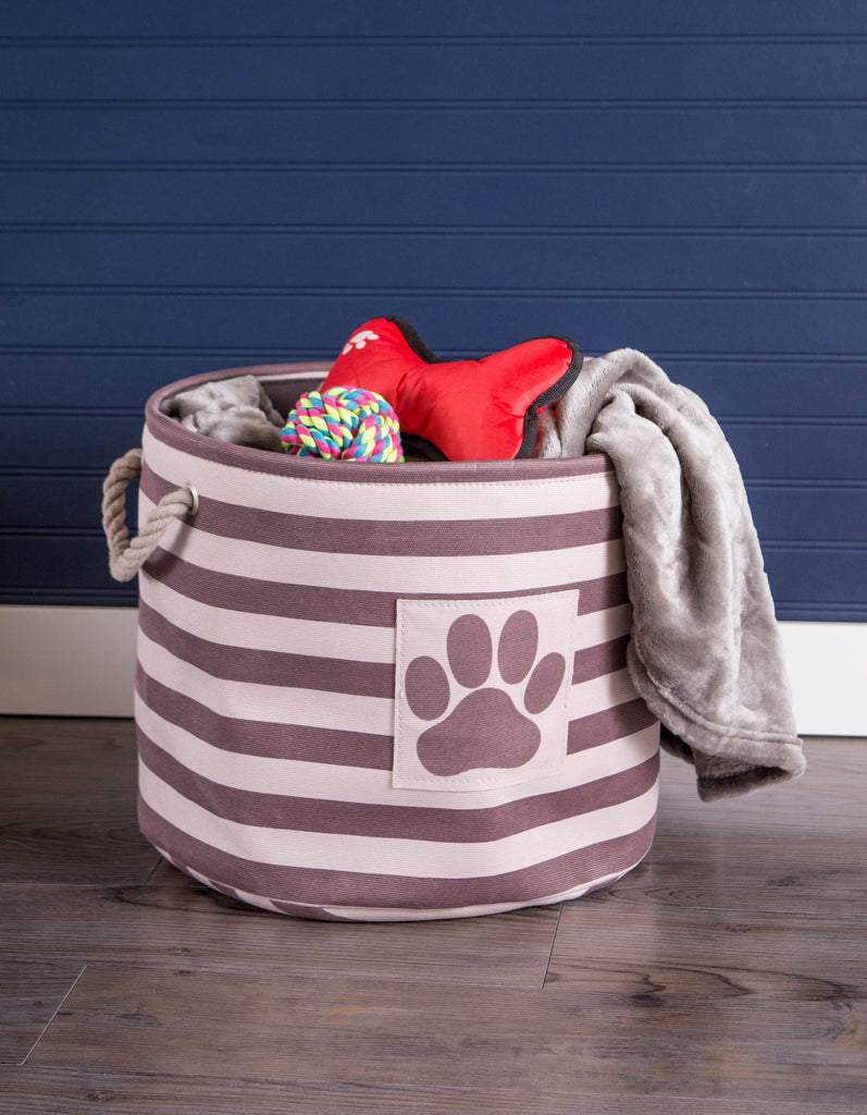 DII Polyester Pet Bin Stripe With Paw Patch Brown Round Small