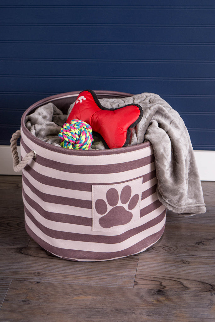 DII Polyester Pet Bin Stripe With Paw Patch Brown Round Large