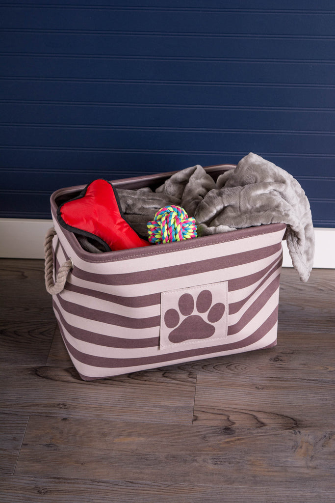 DII Polyester Pet Bin Stripe With Paw Patch Brown Rectangle Small