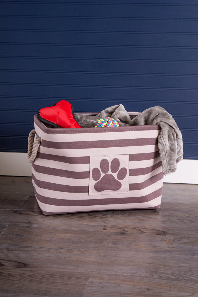 DII Polyester Pet Bin Stripe With Paw Patch Brown Rectangle Small