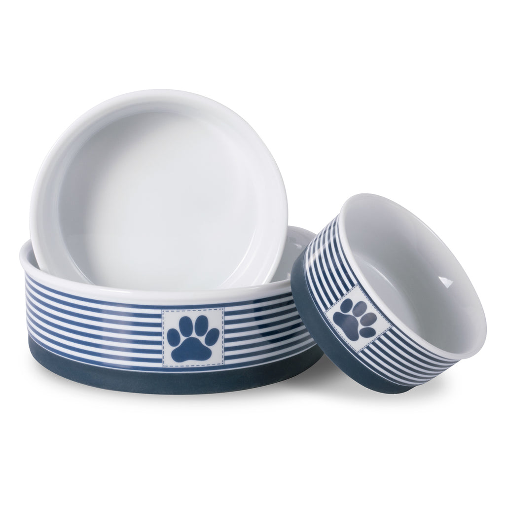Paw Patch Stripe Nautical Blue Small Pet Bowl 4.25dx2h Set of 2
