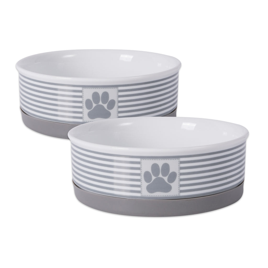 Pet Bowl Paw Patch Stripe Gray Medium 6dx2h Set/2