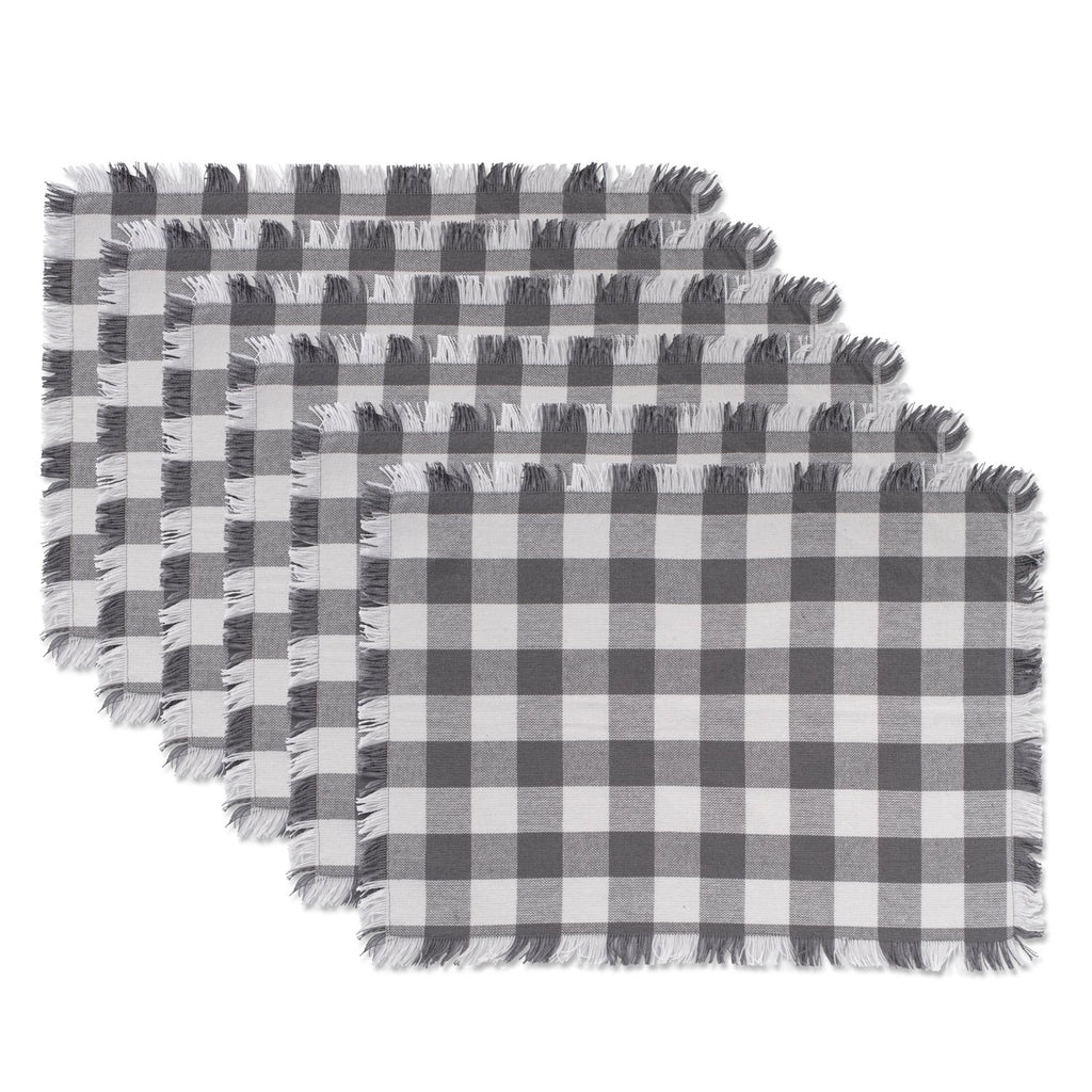 Gray Heavyweight Check Fringed Placemat Set/6