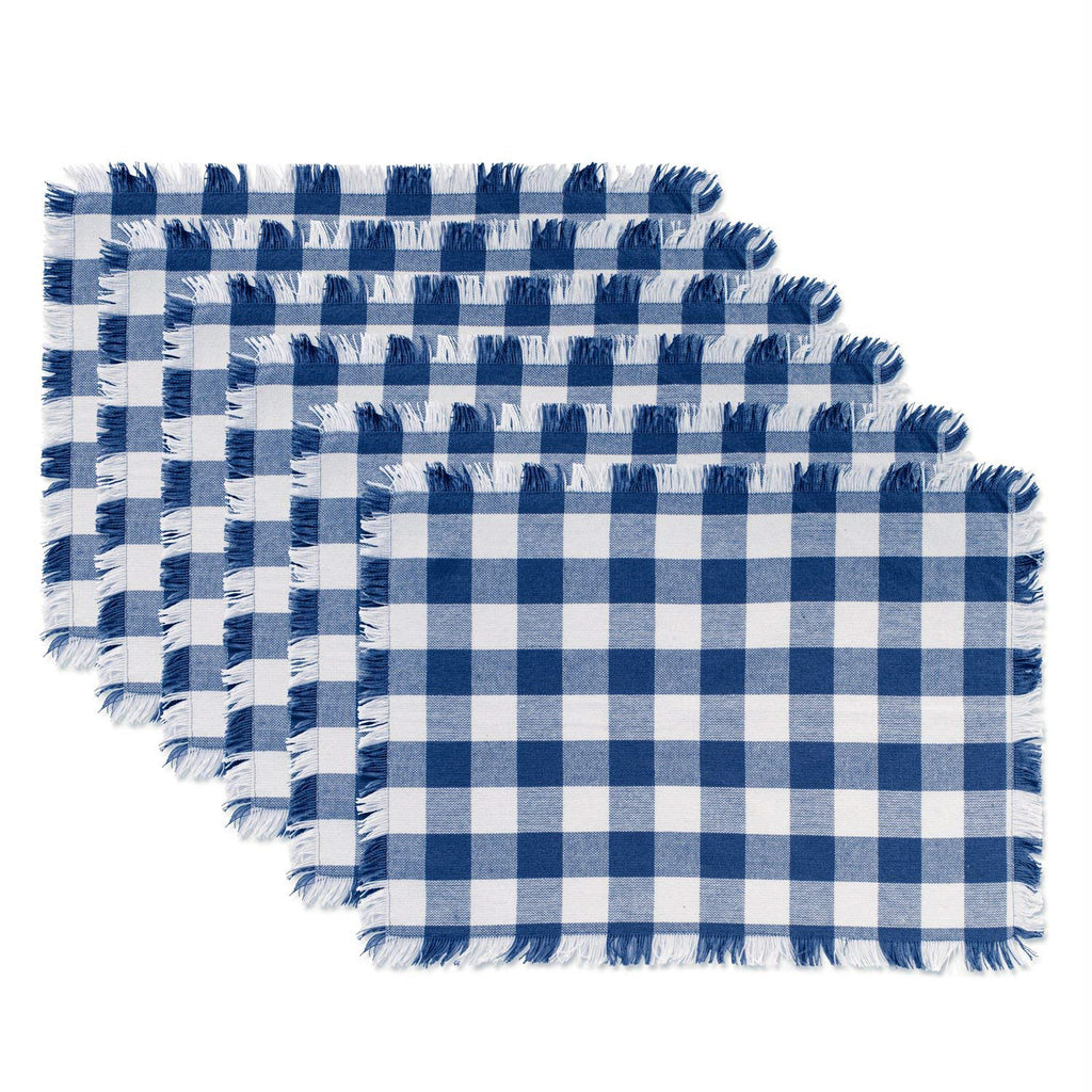 Navy Heavyweight Check Fringed Placemat Set/6