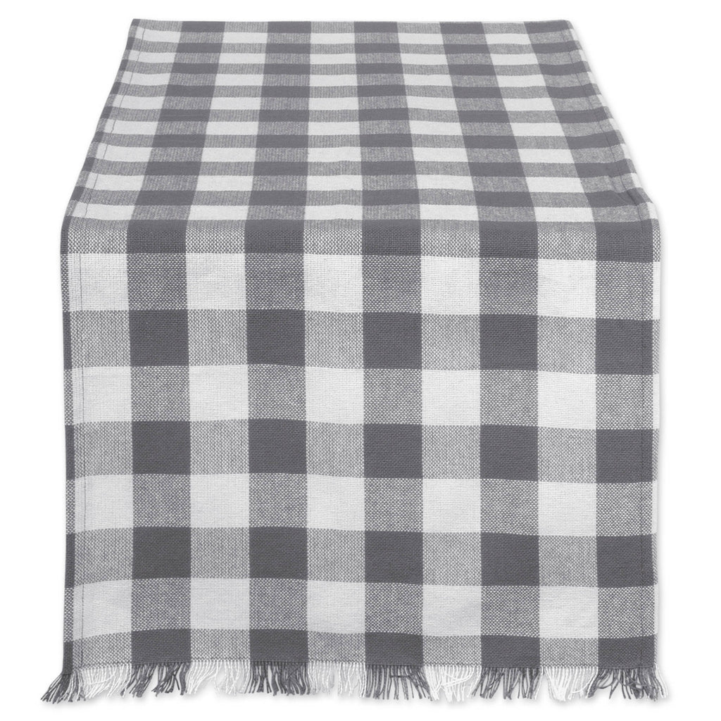 Gray Heavyweight Check Fringed Table Runner 14x72