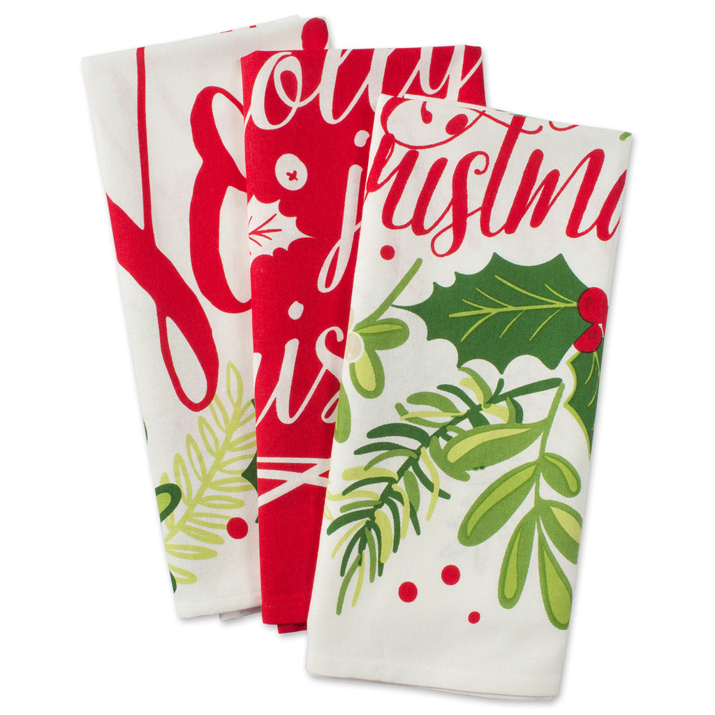 Red/Green Boughs Of Holly Printed Dishtowel Set of 3