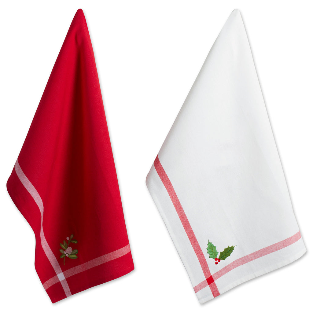 Red/White Stripe Holly & Mistletoe Holiday Embroidered Dishtowel Set/2