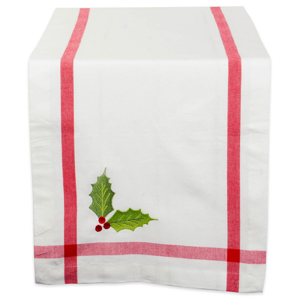 White Embroidered Holly Corner With Border Table Runner 14x108