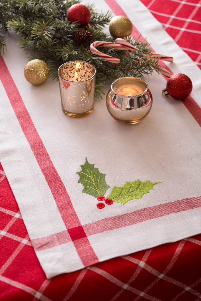 DII White Embroidered Holly Corner With Border Table Runner