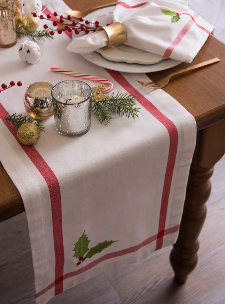 DII White Embroidered Holly Corner With Border Table Runner