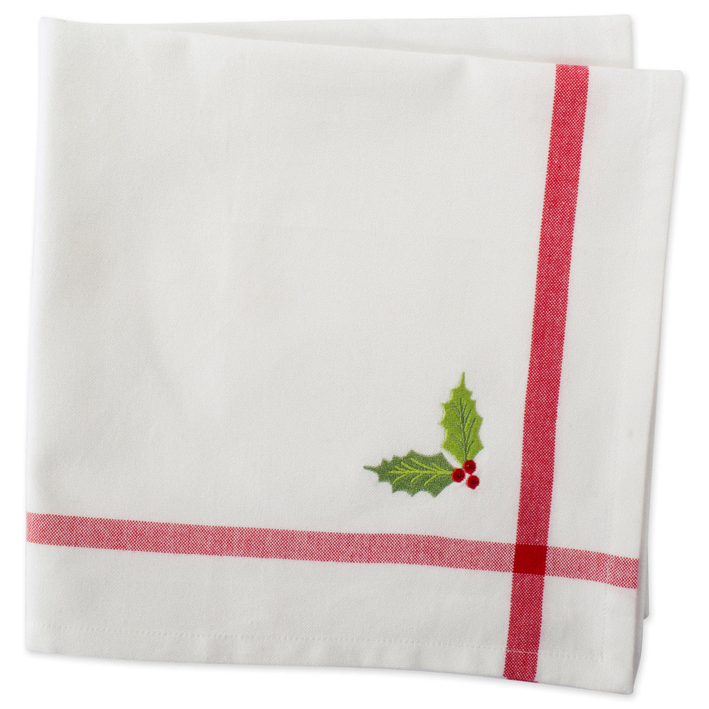DII White Embroidered Holly Corner With Border Napkin Set of 6