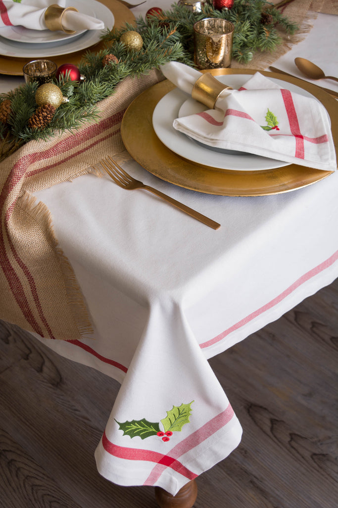 DII White Embroidered Holly Corner With Border Napkin Set of 6