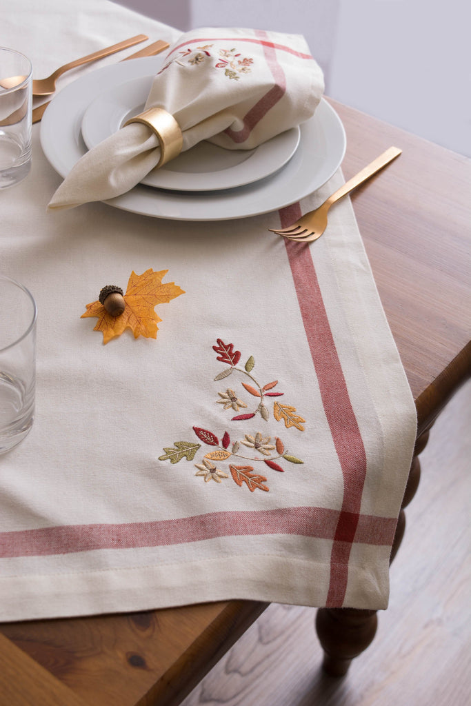 DII Natural Embroidered Fall Leaves Corner With Border Tablecloth